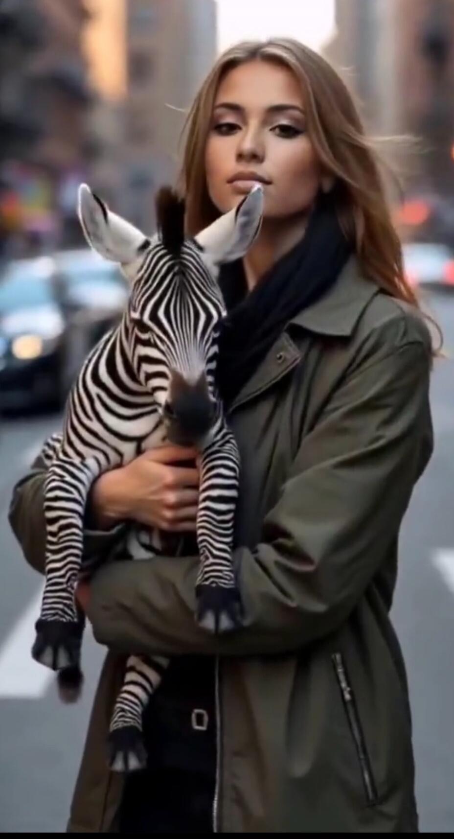 A young woman holding a baby zebra on a city street.