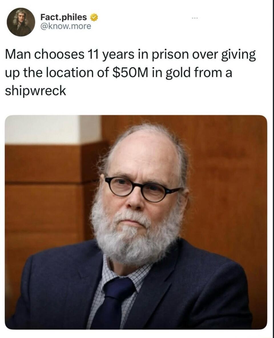 Fact.philes @know.more Man chooses 11 years in prison over giving up the location of $50M in gold from a shipwreck