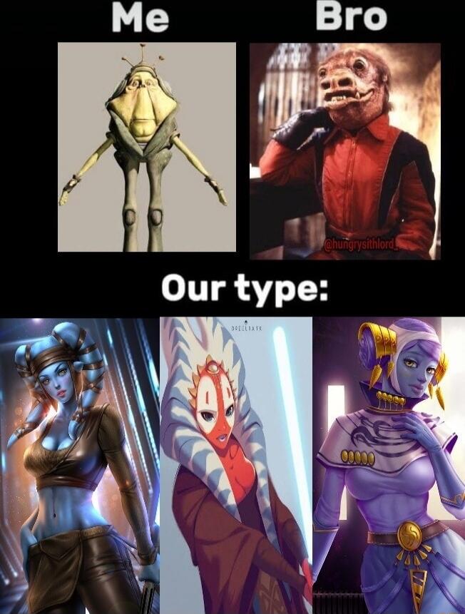 Me Bro Our type: A meme showing two unappealing alien characters labeled 'Me' and 'Bro', followed by 'Our type:' and three images of attractive female alien characters from Star Wars, including a Twi'lek and a Togruta.