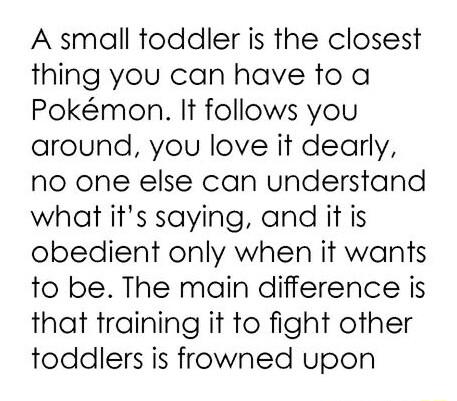 A small toddler is the closest thing you can have to a Pokmon It follows you around you love it dearly no one else can understand what its saying and it is obedient only when it wants to be The main difference is that training it to fight other toddlers is frowned upon