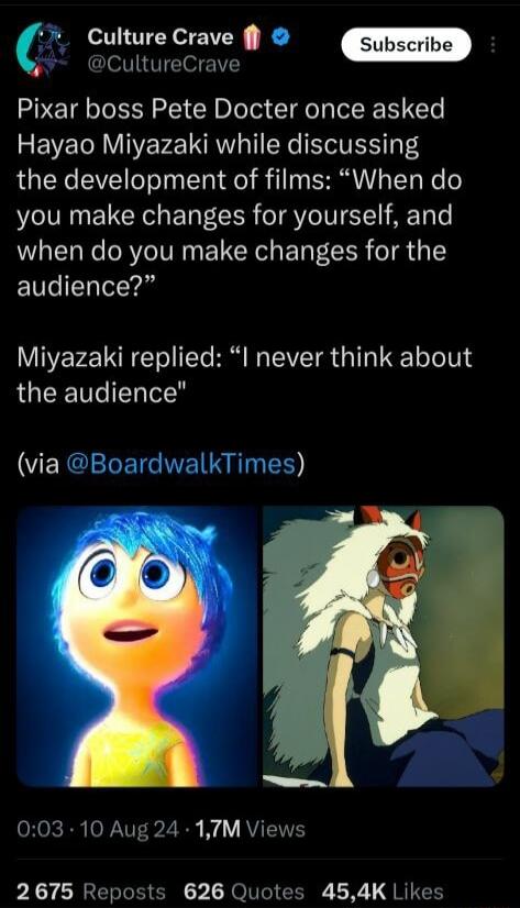 CultureCrave Culture Crave f 3 Pixar boss Pete Docter once asked Hayao Miyazaki while discussing the development of films When do you make changes for yourself and when do you make changes for the audience Miyazaki replied I never think about the audience VEXCERENE N ES 003 10 Aug 24 17M Views P CIEREE I RO LR LR R