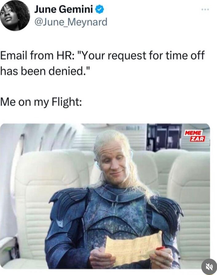 June Gemini June_ Meynard Email from HR Your request for time off has been denied Me on my Flight