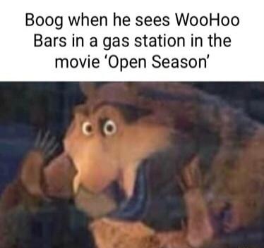 Boog when he sees WooHoo Bars in a gas station in the movie Open Season