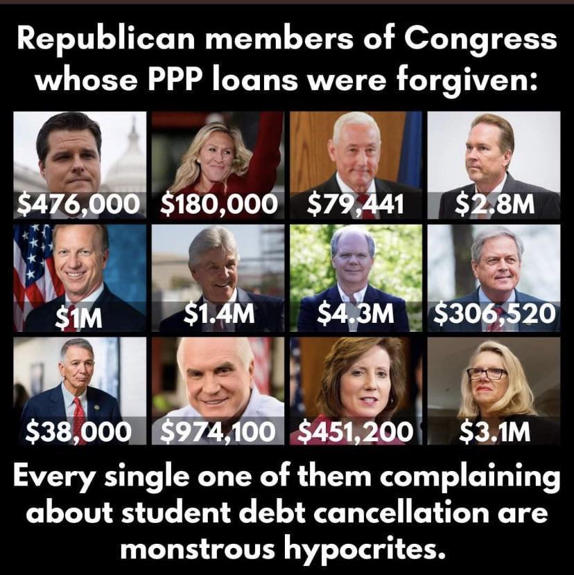 Republican members of Congress whose PPP loans were forgiven so 5 Fu E SYE D Every single one of them complummg about student debt cancellation are monstrous hypocrites