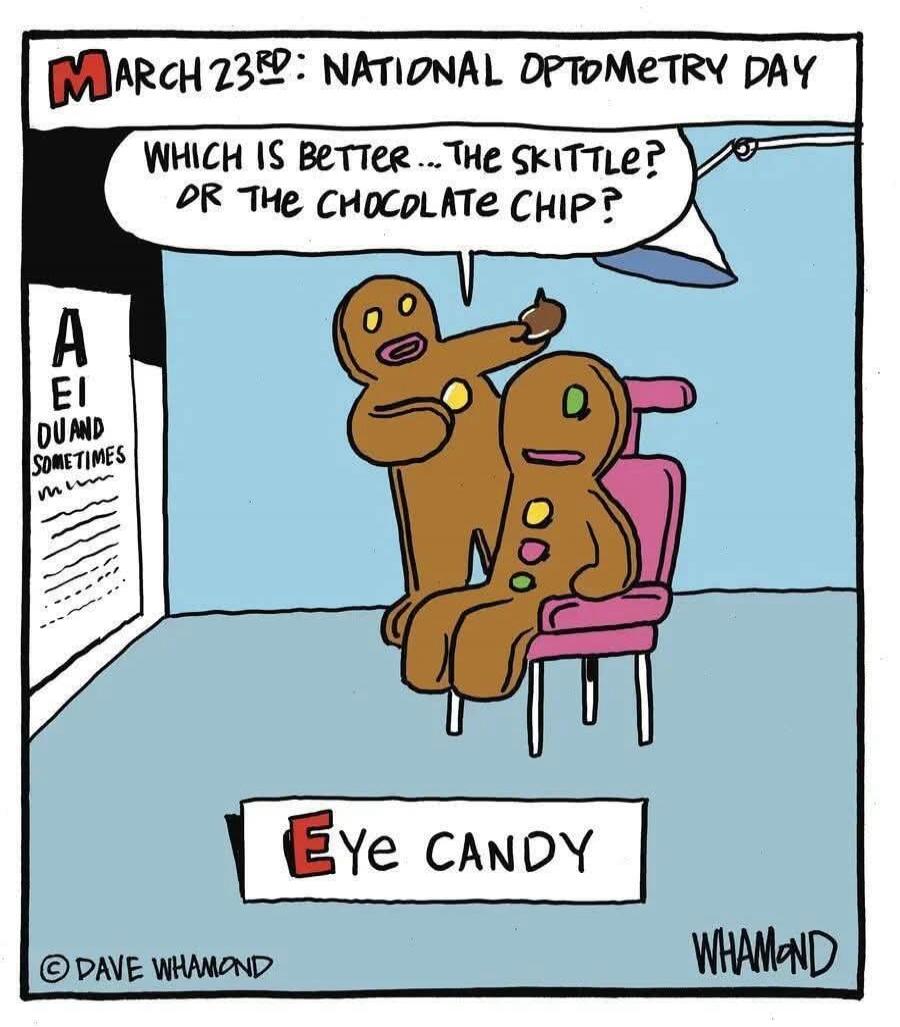 MARCH 23RD: NATIONAL OPTOMETRY DAY WHICH IS BETTER... THE SKITTLE? OR THE CHOCOLATE CHIP? A EI DU AND SOMETIMES EYE CANDY