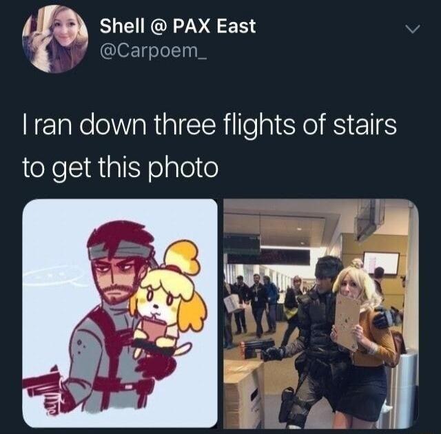 Shell @ PAX East @Carpoem_ I ran down three flights of stairs to get this photo. The image shows a fan art illustration of Solid Snake from Metal Gear Solid holding Isabelle from Animal Crossing, next to a real-life cosplay of Solid Snake and Isabelle at a convention.