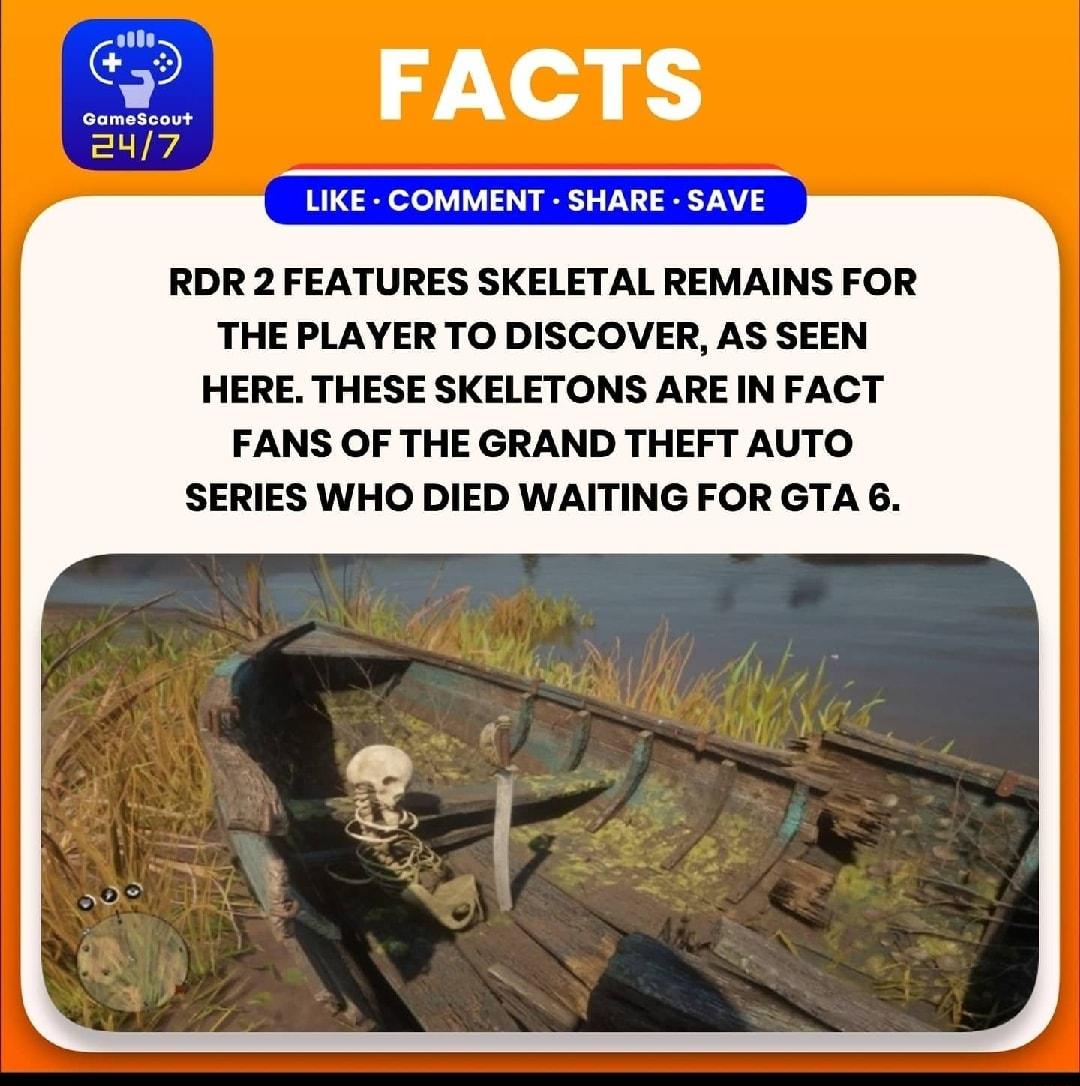 2 FACTS LV LIKE COMMENT SHARE SAVE RDR 2 FEATURES SKELETAL REMAINS FOR THE PLAYER TO DISCOVER AS SEEN HERE THESE SKELETONS ARE IN FACT FANS OF THE GRAND THEFT AUTO SERIES WHO DIED WAITING FOR GTA 6