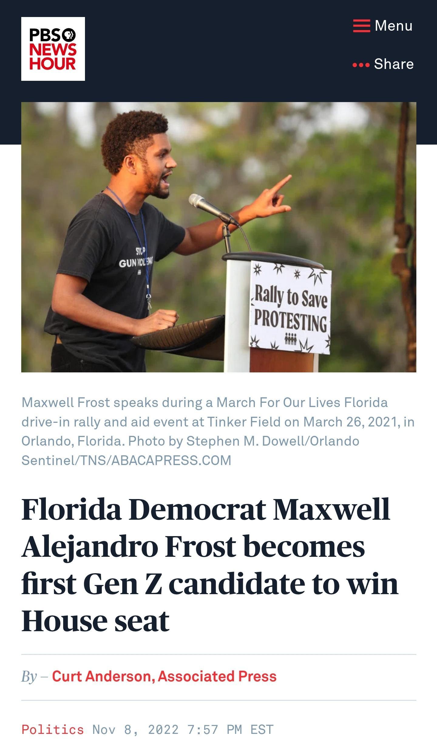Florida Democrat Maxwell Alejandro Frost becomes first Gen Z candidate to win House seat