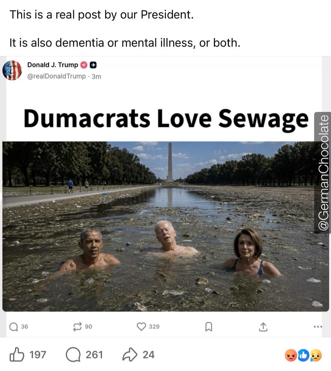 This is a real post by our President. It is also dementia or mental illness, or both. Donald J. Trump @realDonaldTrump 3m. Dumacrats Love Sewage.