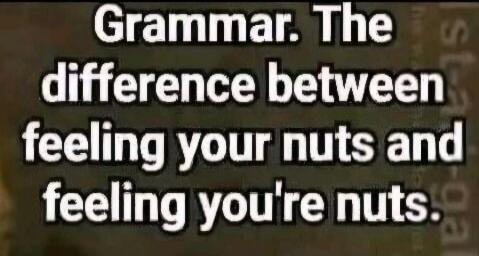 Grammar. The difference between feeling your nuts and feeling you're nuts.