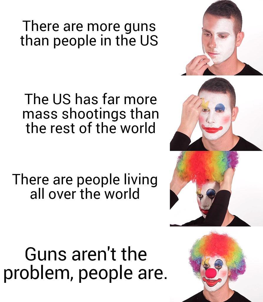 There are more guns than people in the US The US has far more mass shootings than the rest of the world There are people living all over the world Guns arent the problem people are