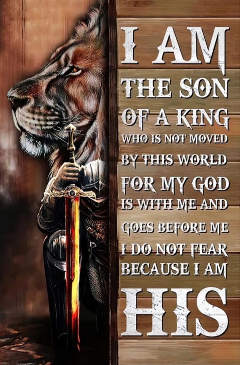 I AM THE SON OF A KING WHO IS NOT MOVED BY THIS WORLD FOR MY GOD IS WITH ME AND GOES BEFORE ME I DO NOT FEAR BECAUSE I AM HIS