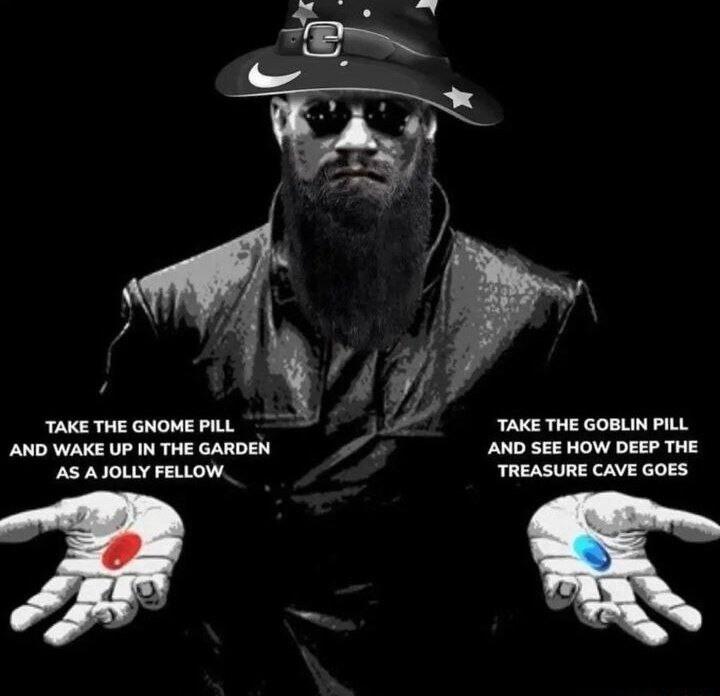 g i i TAKE THE GNOMEPILL TAKE THE GOBLIN PILL AND WAKE UP IN THE GARDEN AND SEE HOW DEEP THE AS A JOLLY FELLOW TREASURE CAVE GOES