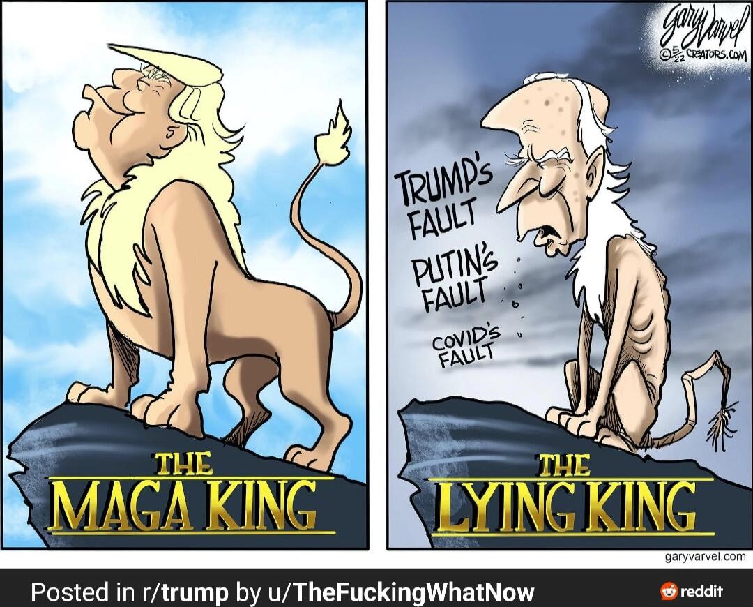 Panel 1: THE MAGA KING. Panel 2: TRUMP'S FAULT, PUTIN'S FAULT, COVID'S FAULT. THE LYING KING.