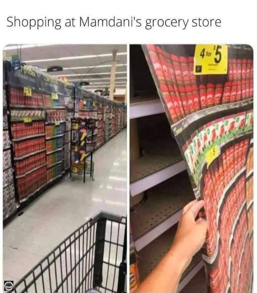 Shopping at Mamdani's grocery store. 4 for $5. A grocery aisle appears fully stocked with products, but a hand pulls back a cardboard display to reveal empty shelves behind it.