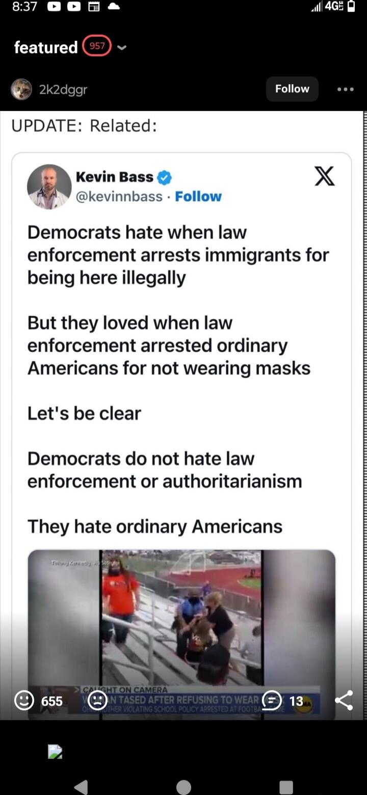UPDATE: Related:\n\nKevin Bass @kevinnbass Follow\nDemocrats hate when law enforcement arrests immigrants for being here illegally\n\nBut they loved when law enforcement arrested ordinary Americans for not wearing masks\n\nLet's be clear\n\nDemocrats do not hate law enforcement or authoritarianism\n\nThey hate ordinary Americans