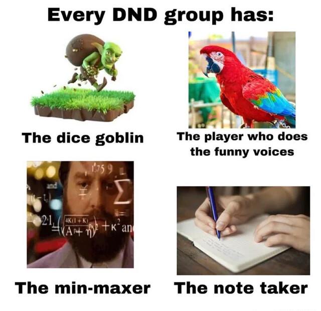 Every DND group has t i The dice goblin The player who does the funny voices Fws The min maxer The note taker