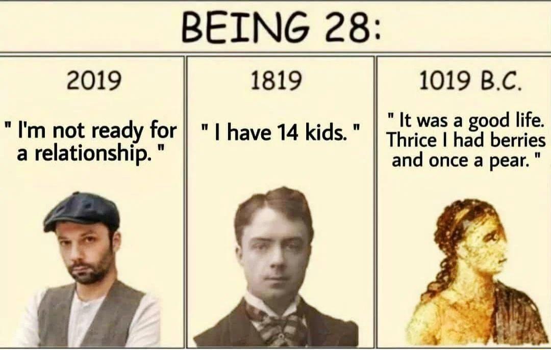 BEING 28 2019 Im not ready for a relationship 1819 have 14 kids 1019 BC It was a good life Thrice hagdwberries and once a pear