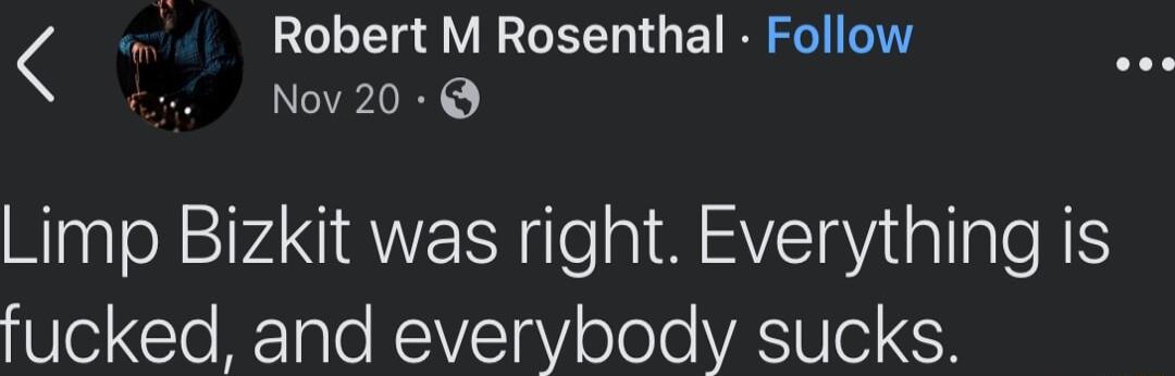 Robert M Rosenthal Follow Nov 20 Limp Bizkit was right Everything is fucked and everybody sucks