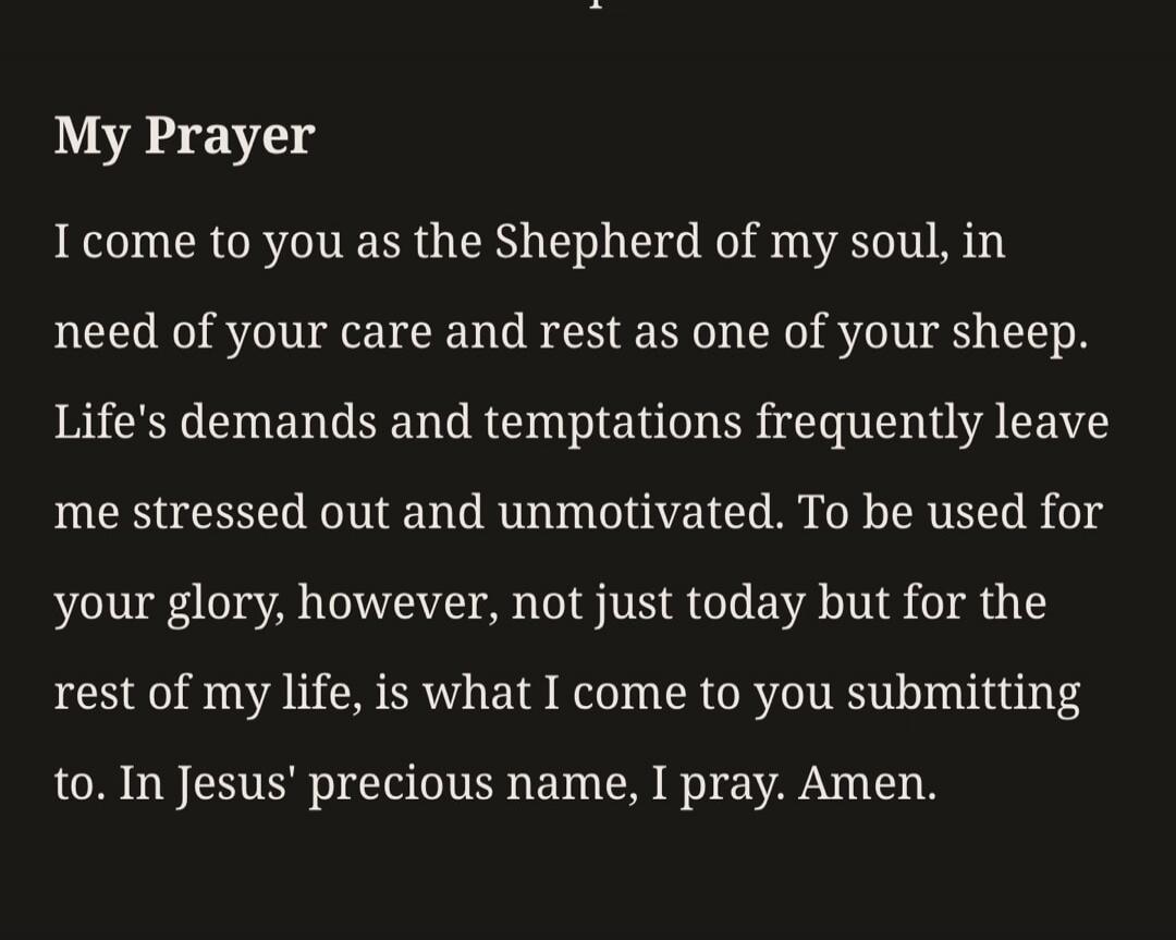 My Prayer. I come to you as the Shepherd of my soul, in need of your care and rest as one of your sheep. Life's demands and temptations frequently leave me stressed out and unmotivated. To be used for your glory, however, not just today but for the rest of my life, is what I come to you submitting to. In Jesus' precious name, I pray. Amen.