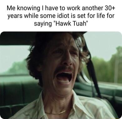 Me knowing have to work another 30 years while some idiot is set for life for saying Hawk Tuah