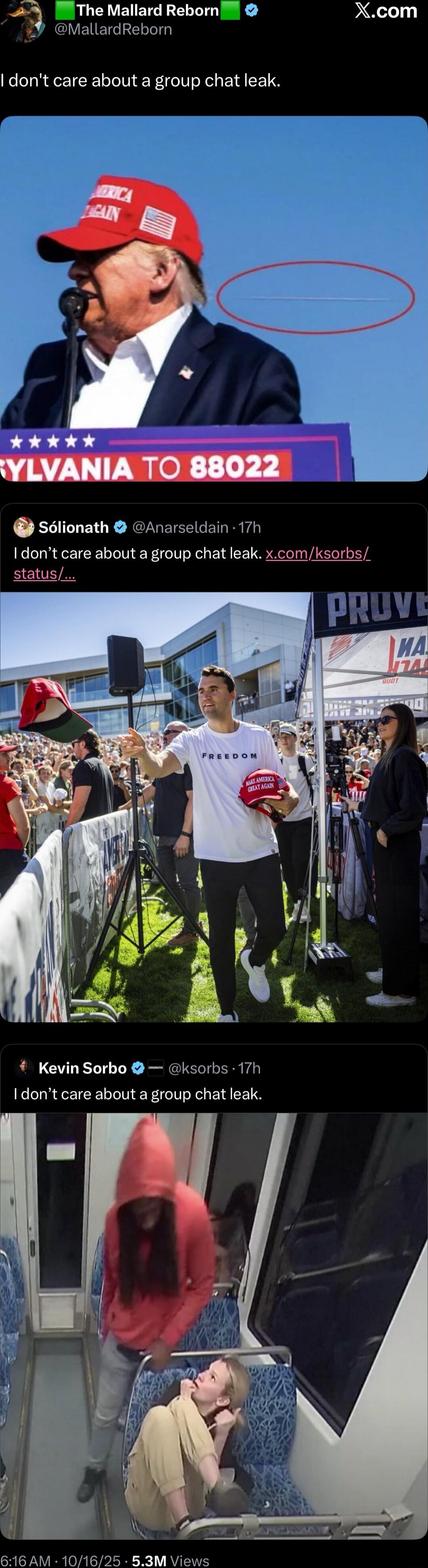 I don't care about a group chat leak. — The Mallard Reborn (@MallardReborn). I don't care about a group chat leak. — Sólionath (@Anarseldain). I don't care about a group chat leak. — Kevin Sorbo (@ksorbs).