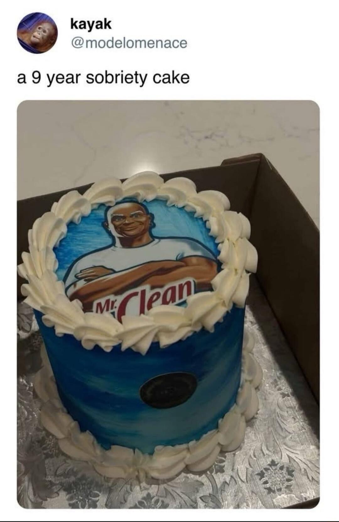kayak @modelomenace a 9 year sobriety cake Mr. Clean