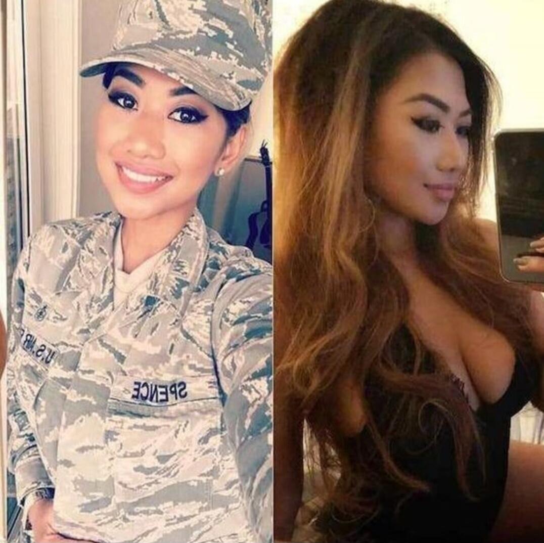 A split image showing a woman in a military uniform on the left, smiling. On the right, the same woman in a low-cut black top, taking a selfie, showing significant cleavage. The name 'SPENCE' is visible in reverse on the uniform.
