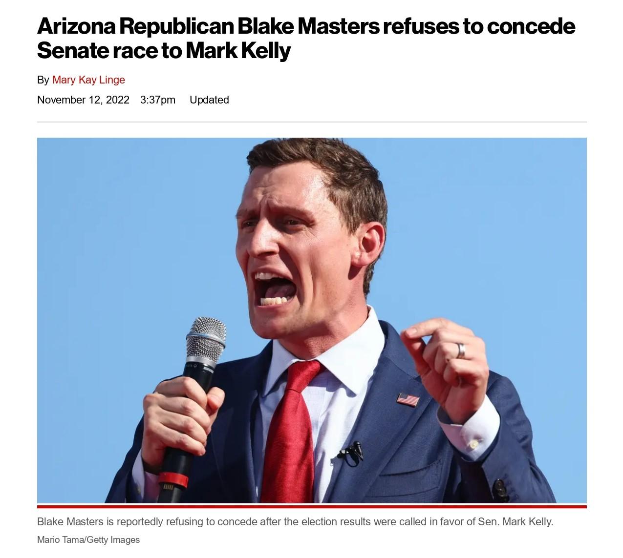 Arizona Republican Blake Masters refuses to concede Senate race to Mark Kelly Bty tios Nomnber 12222 3370m Uptea