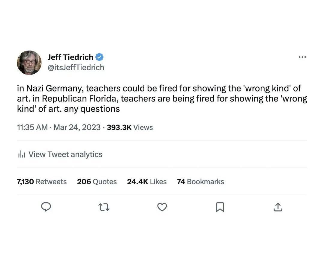 Jeff Tiedrich itsseffTedrich in Nazi Germany teachers could be fired for showing the wrong kind of artin Republican Florida teachers are being fired for showing the wrong Kindof art any questions 1135 AM Mar 242023 3833K Views 1l View Tweet analytics 7430 Retweets 208 Quotes 244K Likes 74 Bookmarks o u o R