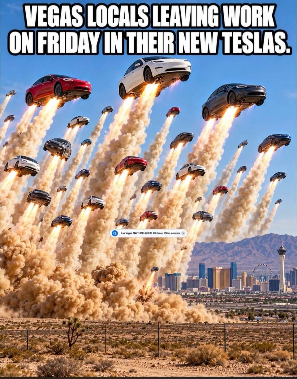 VEGAS LOCALS LEAVING WORK ON FRIDAY IN THEIR NEW TESLAS. Las Vegas ANYTHING LOCAL FB Group 250k+ members