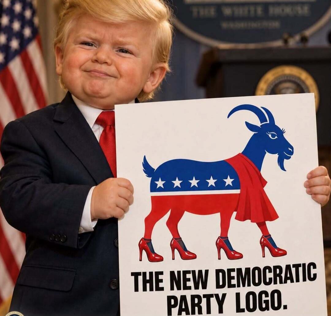 A child resembling Donald Trump, dressed in a suit and red tie, holds a sign that reads: 