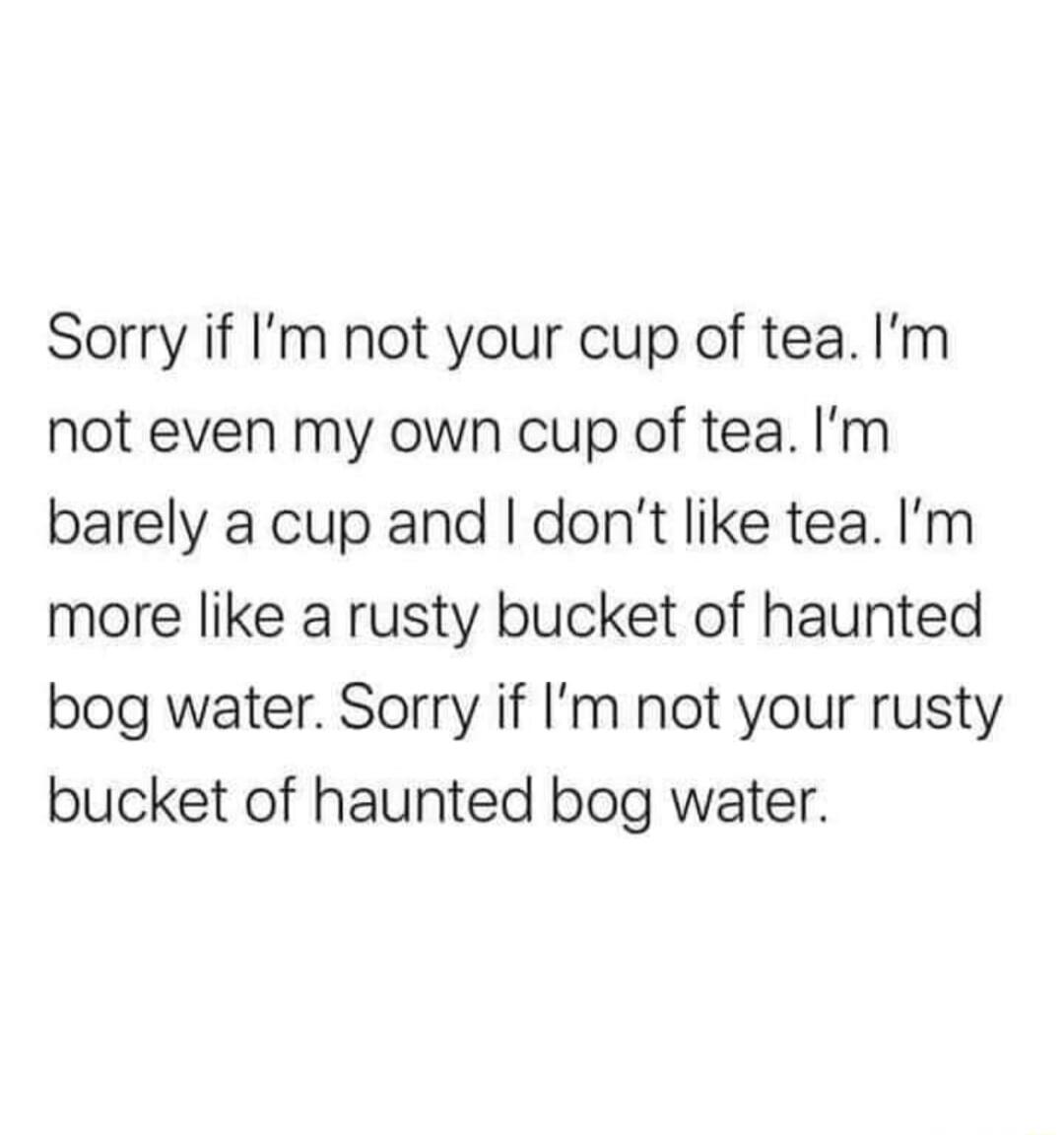 Sorry if Im not your cup of tea Im not even my own cup of tea Im barely a cup and dont like tea Im more like a rusty bucket of haunted bog water Sorry if Im not your rusty bucket of haunted bog water