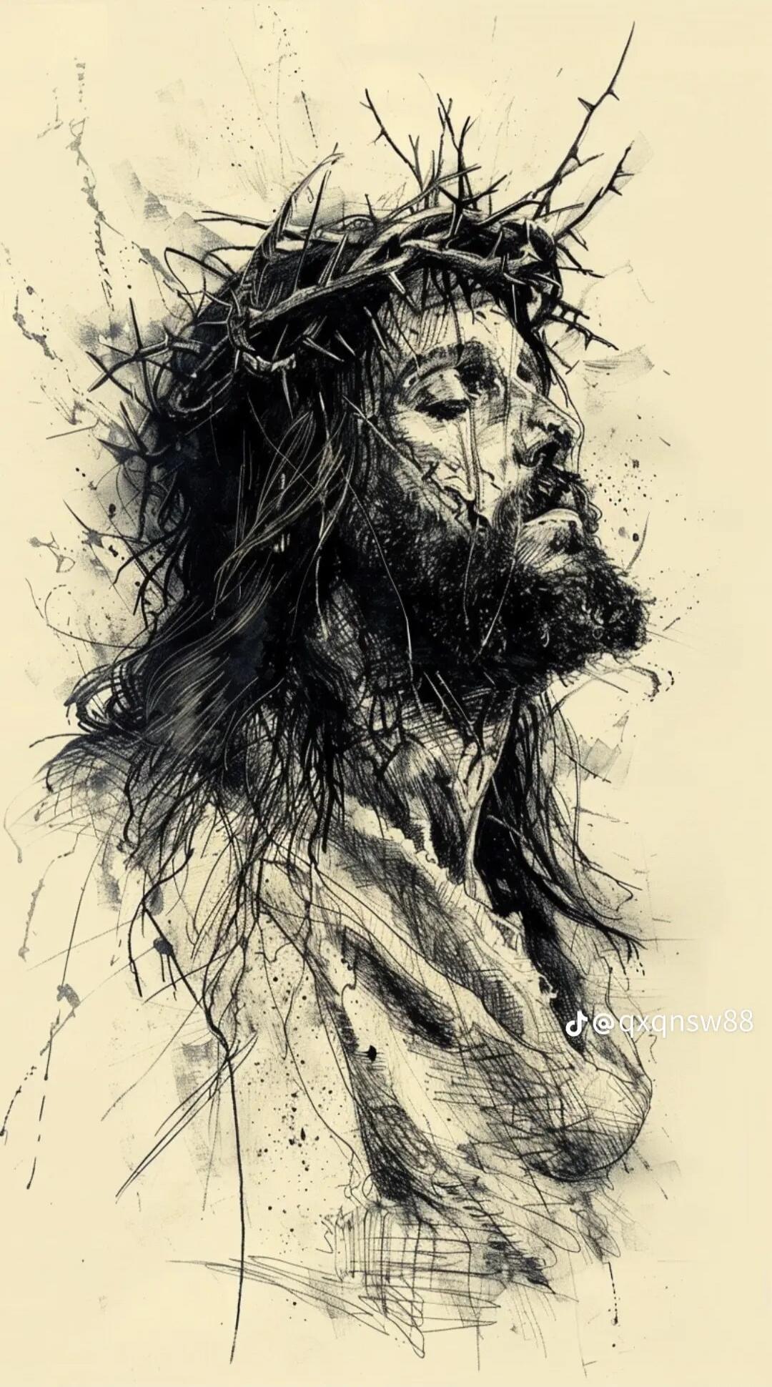 Stylized sketch of Jesus with a crown of thorns.