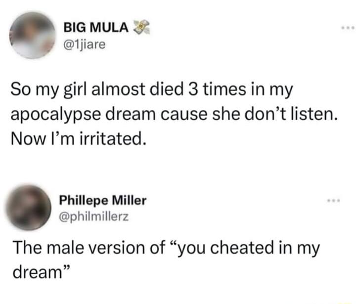 BIG MULA tjiare So my girl almost died 3 times in my apocalypse dream cause she dont listen Now Im irritated Phillepe Miller philmillerz The male version of you cheated in my dream