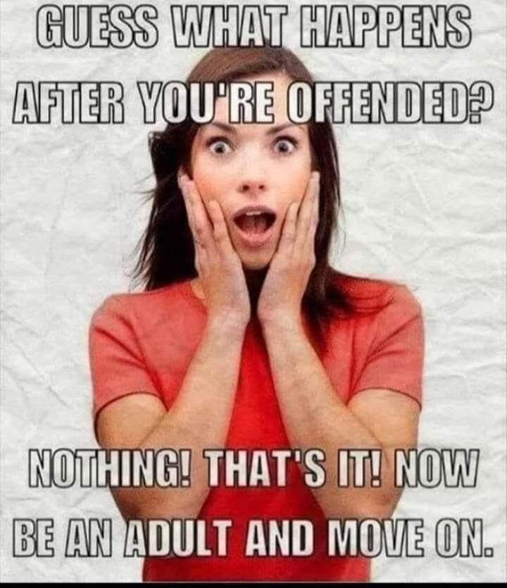 GUESS WHAT HAPPENS AFTER YOU'RE OFFENDED? NOTHING! THAT'S IT! NOW BE AN ADULT AND MOVE ON.