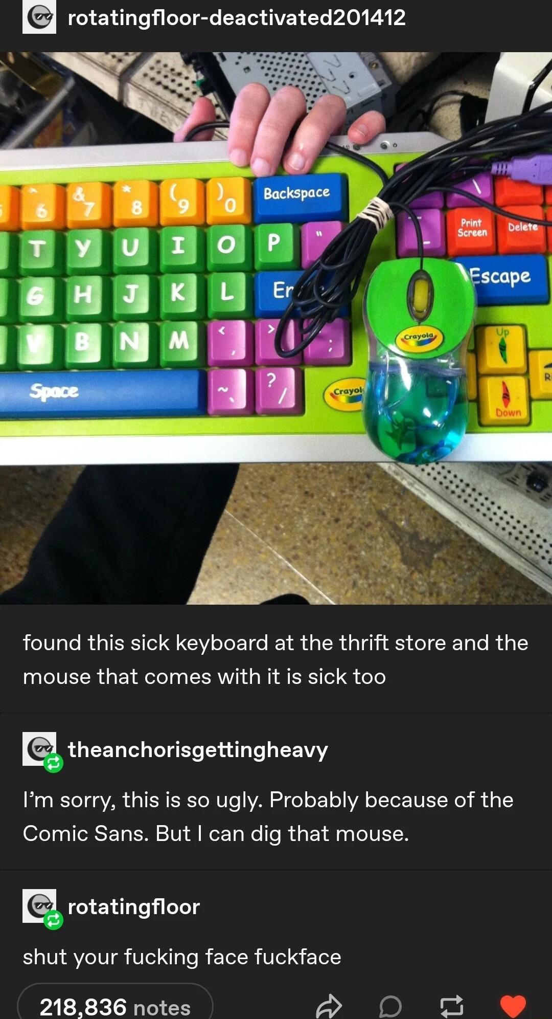 EHG T LTS BRI VAL EY leg i A found this sick keyboard at the thrift store and the mouse that comes with it is sick too theanchorisgettingheavy Im sorry this is so ugly Probably because of the Comic Sans But can dig that mouse rotatingfloor shut your fucking face fuckface 218836 notes A D 7