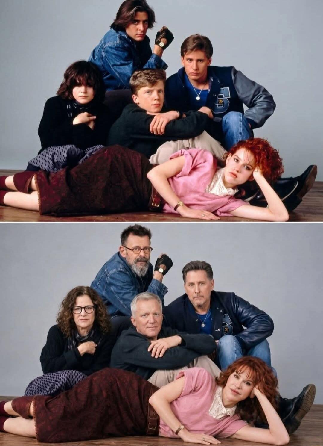 Two side-by-side images. The top image shows five young actors from the movie 'The Breakfast Club' posing together. The bottom image shows the same five actors, now older, recreating the exact same pose. This is a then-and-now comparison of the iconic film cast.